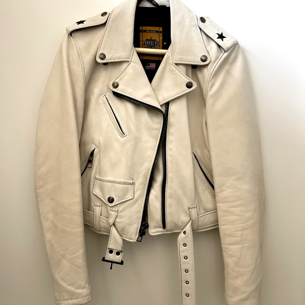 Schott NYC Perfecto White Leather Women’s Motorcycle Jacket, size small